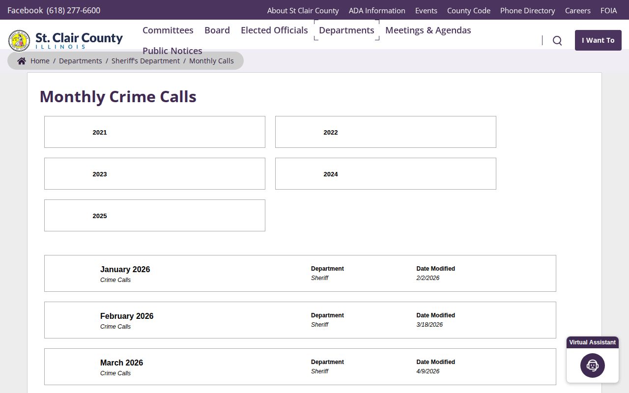 St. Clair County monthly crime calls statistics page distinct from arrest logs